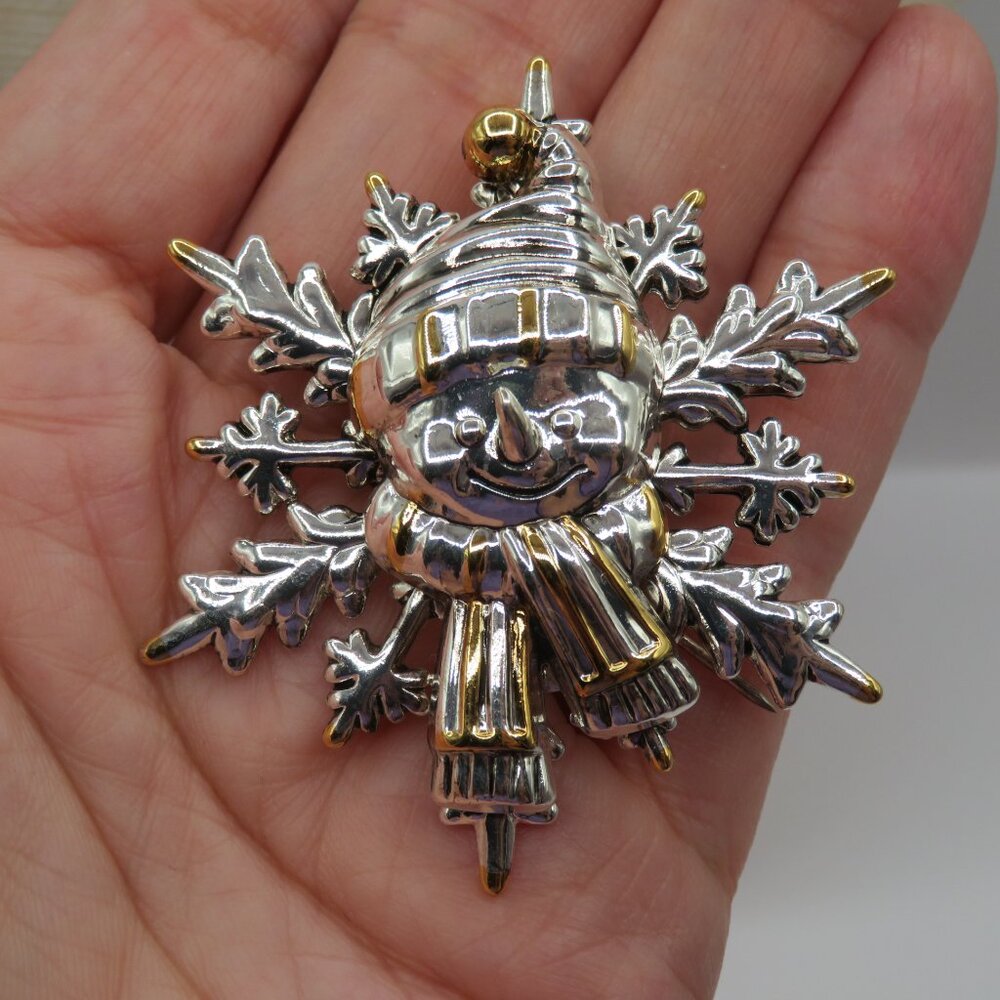 Vintage Best Snowman Snowflake Silver Gold Tone Brooch Pendant